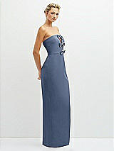 Side View Thumbnail - Larkspur Blue Rhinestone Bow Trimmed Peek-a-Boo Deep-V Maxi Dress with Pencil Skirt
