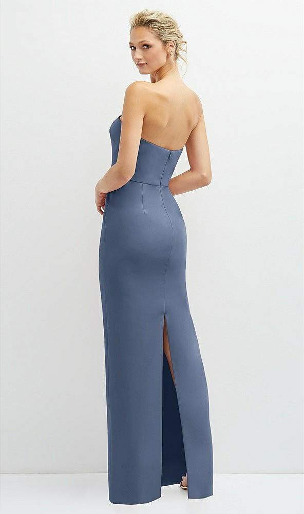 Back View - Larkspur Blue Rhinestone Bow Trimmed Peek-a-Boo Deep-V Maxi Dress with Pencil Skirt