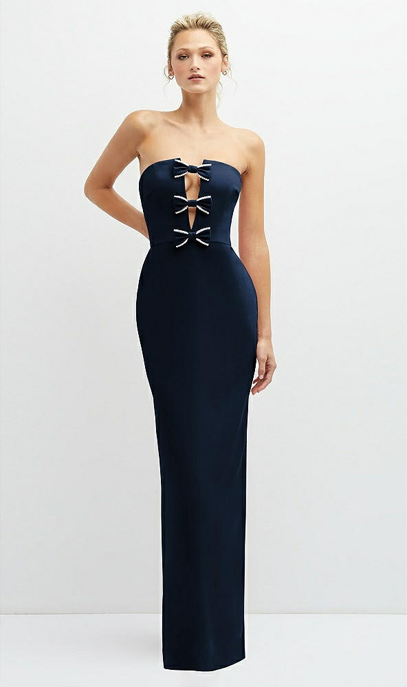 Front View - Midnight Navy Rhinestone Bow Trimmed Peek-a-Boo Deep-V Maxi Dress with Pencil Skirt