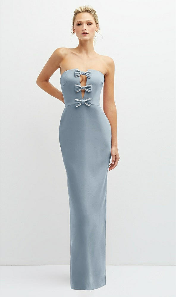 Front View - Mist Rhinestone Bow Trimmed Peek-a-Boo Deep-V Maxi Dress with Pencil Skirt