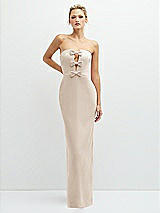 Front View Thumbnail - Oat Rhinestone Bow Trimmed Peek-a-Boo Deep-V Maxi Dress with Pencil Skirt