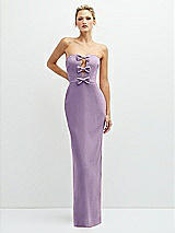 Front View Thumbnail - Pale Purple Rhinestone Bow Trimmed Peek-a-Boo Deep-V Maxi Dress with Pencil Skirt