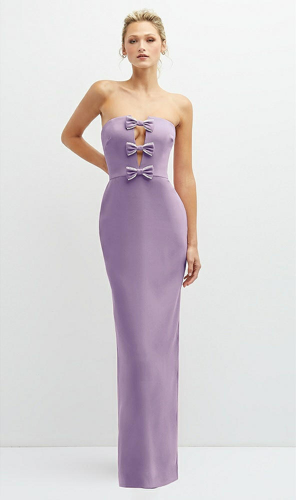 Front View - Pale Purple Rhinestone Bow Trimmed Peek-a-Boo Deep-V Maxi Dress with Pencil Skirt