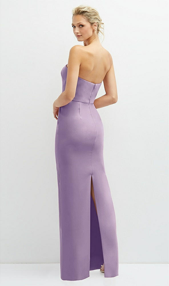Back View - Pale Purple Rhinestone Bow Trimmed Peek-a-Boo Deep-V Maxi Dress with Pencil Skirt