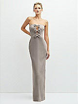 Front View Thumbnail - Taupe Rhinestone Bow Trimmed Peek-a-Boo Deep-V Maxi Dress with Pencil Skirt