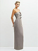 Side View Thumbnail - Taupe Rhinestone Bow Trimmed Peek-a-Boo Deep-V Maxi Dress with Pencil Skirt