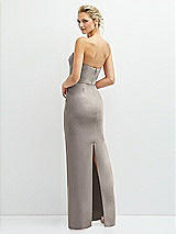 Rear View Thumbnail - Taupe Rhinestone Bow Trimmed Peek-a-Boo Deep-V Maxi Dress with Pencil Skirt