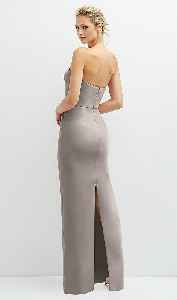 Back View - Taupe Rhinestone Bow Trimmed Peek-a-Boo Deep-V Maxi Dress with Pencil Skirt