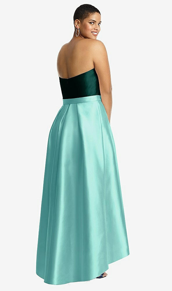 Back View - Coastal & Evergreen Strapless Satin High Low Dress with Pockets