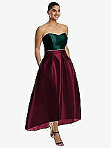 Front View Thumbnail - Cabernet & Evergreen Strapless Satin High Low Dress with Pockets