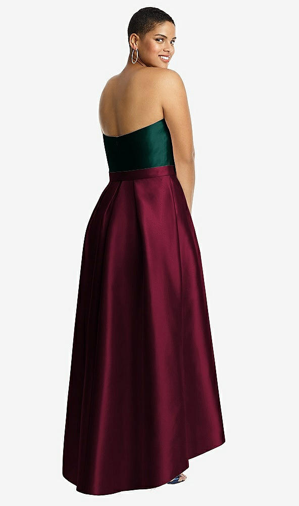Back View - Cabernet & Evergreen Strapless Satin High Low Dress with Pockets