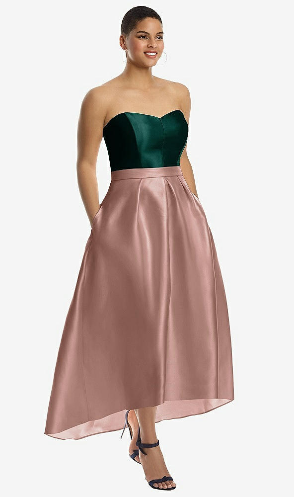 Front View - Neu Nude & Evergreen Strapless Satin High Low Dress with Pockets