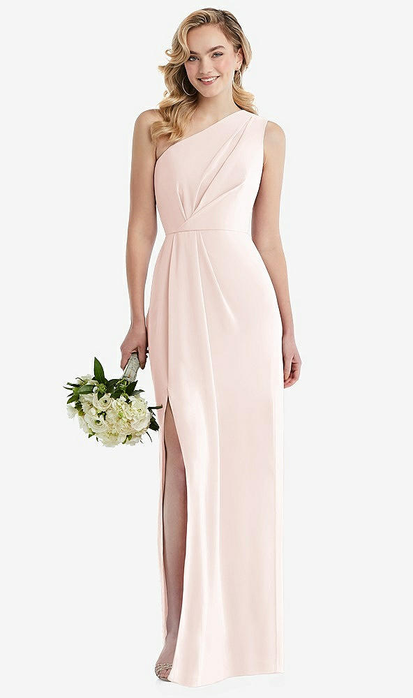 Front View - Blush One-Shoulder Draped Bodice Column Gown