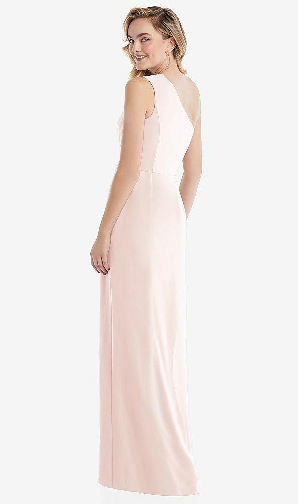 Back View - Blush One-Shoulder Draped Bodice Column Gown