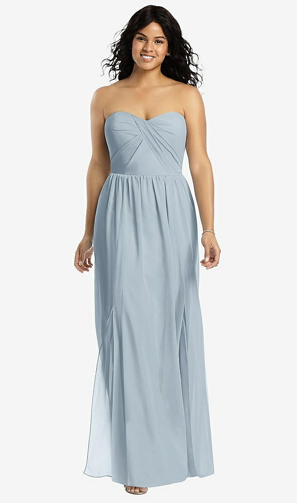 Front View - Mist Strapless Draped Bodice Maxi Dress with Front Slits