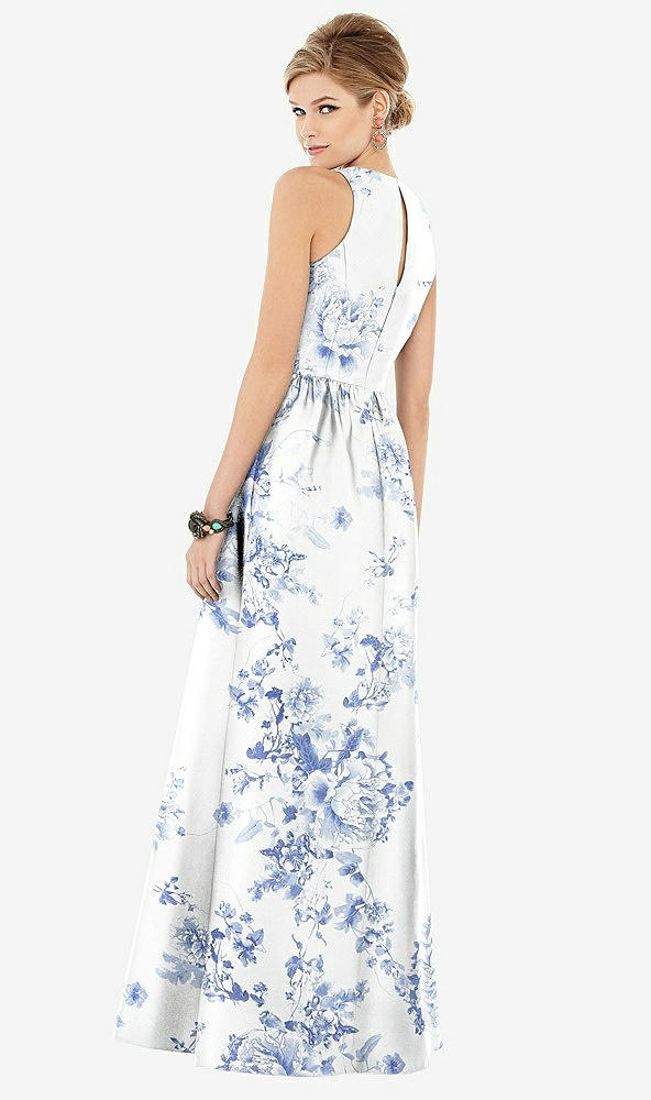 Back View - Cottage Rose Larkspur Sleeveless Closed-Back Floral Satin Maxi Dress with Pockets