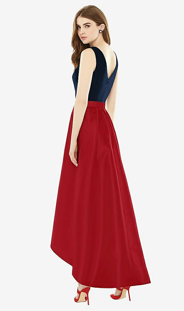 Back View - Garnet & Midnight Navy Sleeveless Pleated Skirt High Low Dress with Pockets
