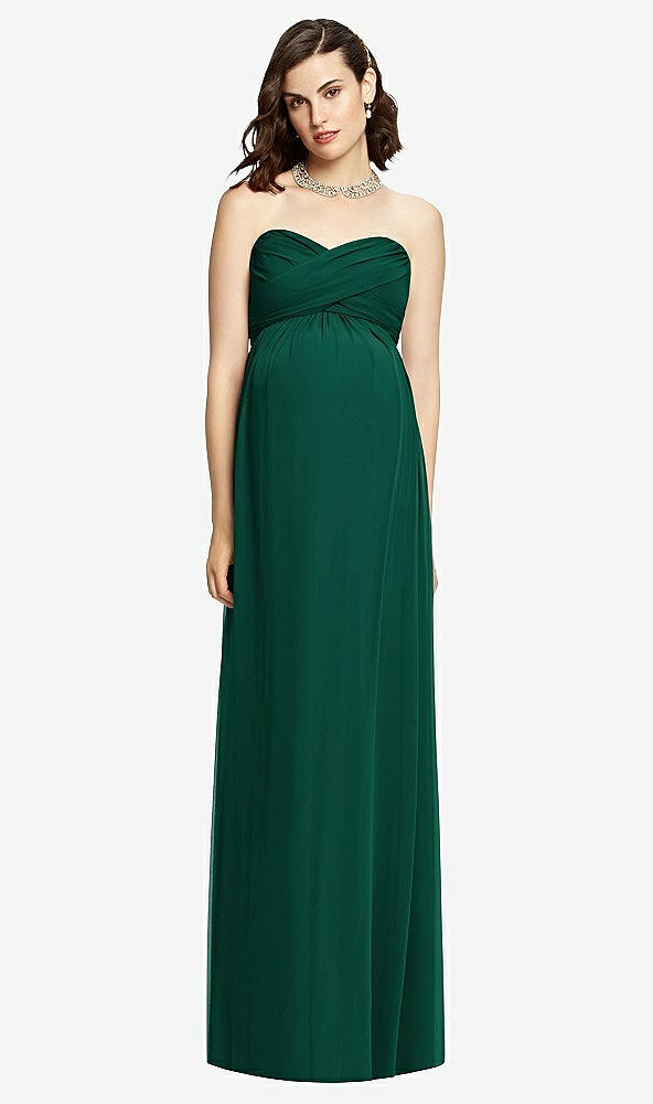 Front View - Hunter Green Draped Bodice Strapless Maternity Dress