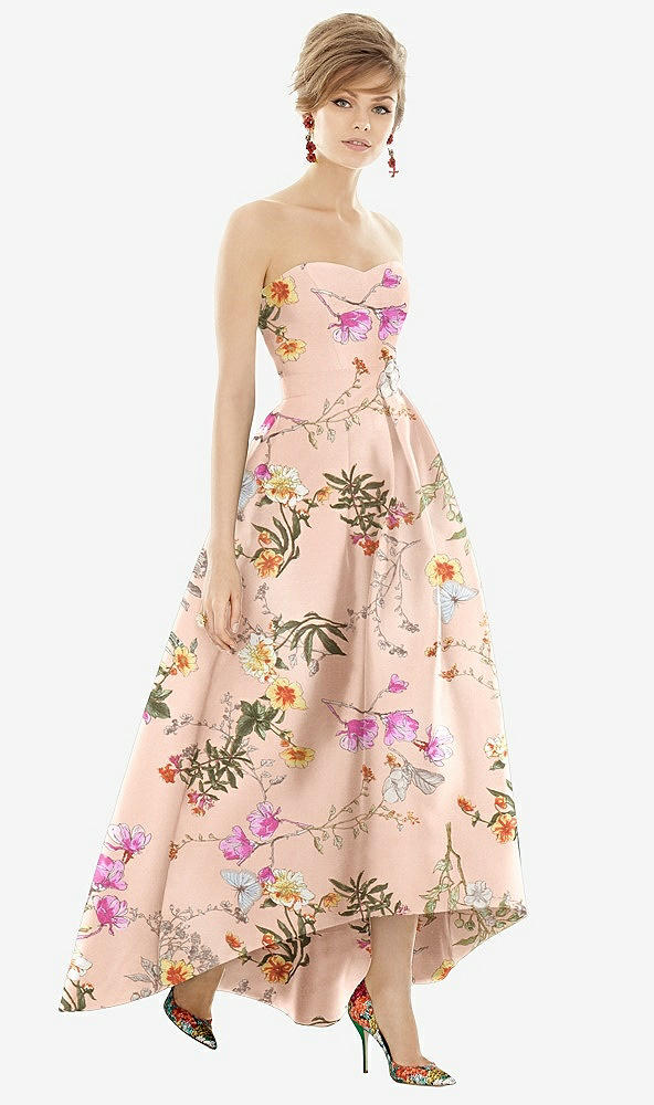 Front View - Butterfly Botanica Pink Sand Strapless Floral Satin High Low Dress with Pockets