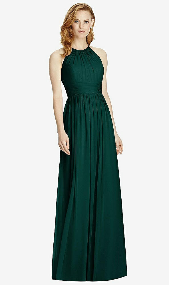 Front View - Evergreen Cutout Open-Back Shirred Halter Maxi Dress