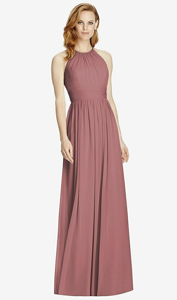 Front View - Rosewood Cutout Open-Back Shirred Halter Maxi Dress