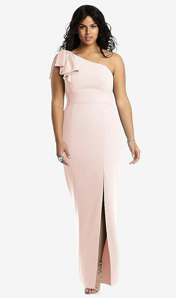 Front View - Blush Bowed One-Shoulder Trumpet Gown