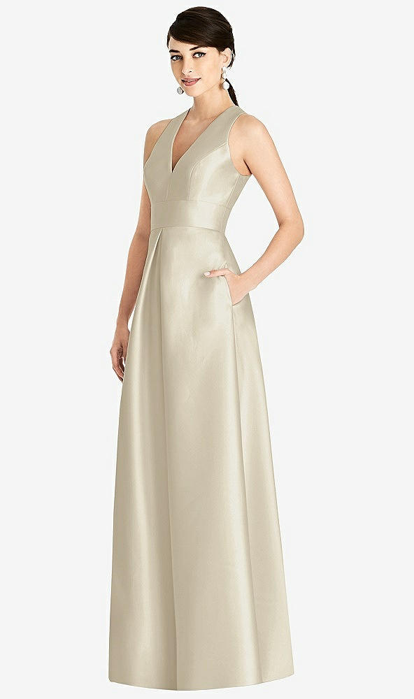 Front View - Champagne Sleeveless Open-Back Pleated Skirt Dress with Pockets
