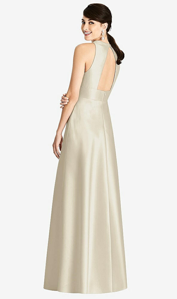 Back View - Champagne Sleeveless Open-Back Pleated Skirt Dress with Pockets