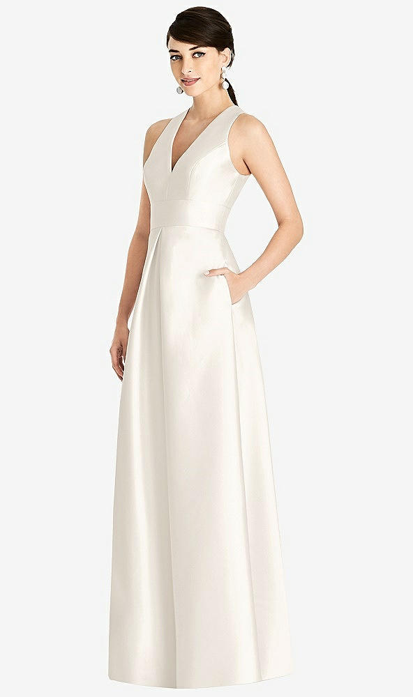 Front View - Ivory Sleeveless Open-Back Pleated Skirt Dress with Pockets