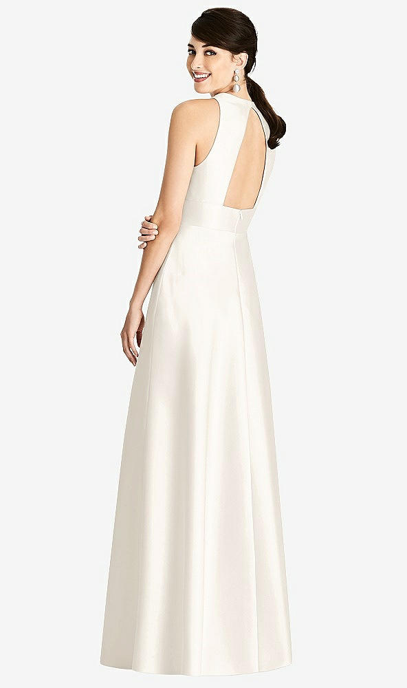 Back View - Ivory Sleeveless Open-Back Pleated Skirt Dress with Pockets