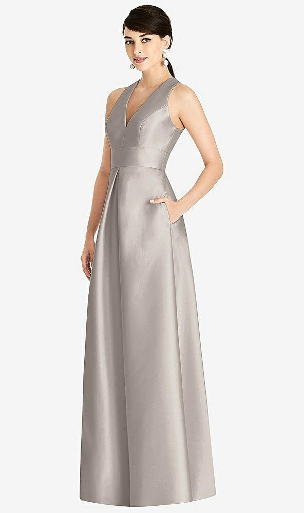 Front View - Taupe Sleeveless Open-Back Pleated Skirt Dress with Pockets