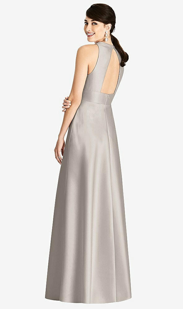 Back View - Taupe Sleeveless Open-Back Pleated Skirt Dress with Pockets