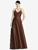 Front View Thumbnail - Cognac V-Neck Full Skirt Satin Maxi Dress