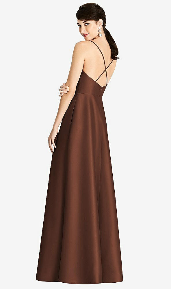 Back View - Cognac V-Neck Full Skirt Satin Maxi Dress