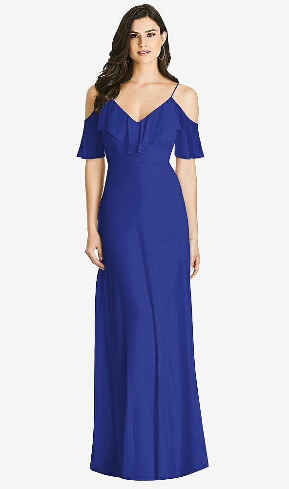 Front View - Cobalt Blue Ruffled Cold-Shoulder Chiffon Maxi Dress