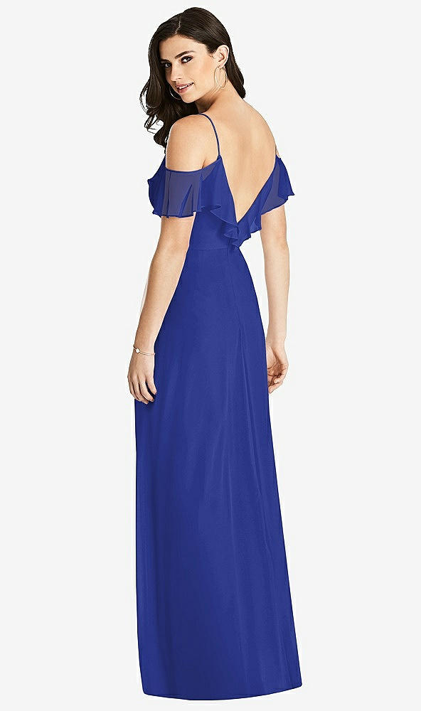 Back View - Cobalt Blue Ruffled Cold-Shoulder Chiffon Maxi Dress