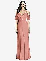 Front View Thumbnail - Desert Rose Ruffled Cold-Shoulder Chiffon Maxi Dress