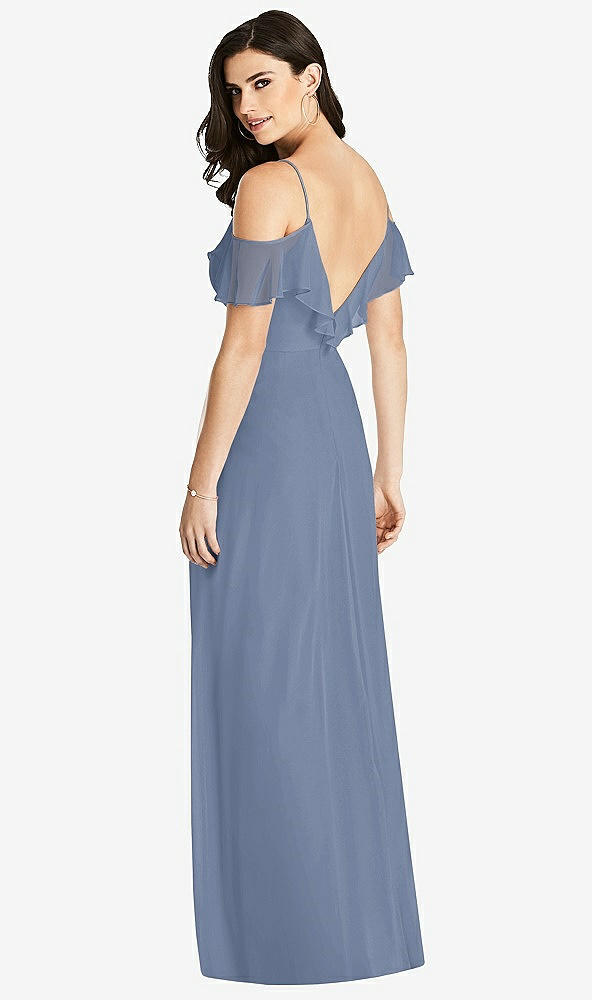 Back View - Larkspur Blue Ruffled Cold-Shoulder Chiffon Maxi Dress