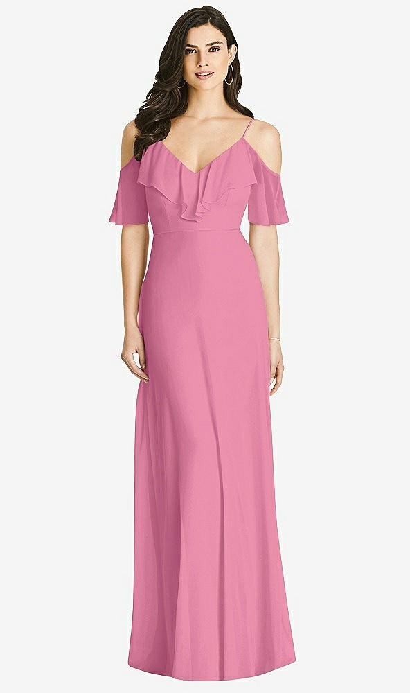Front View - Orchid Pink Ruffled Cold-Shoulder Chiffon Maxi Dress