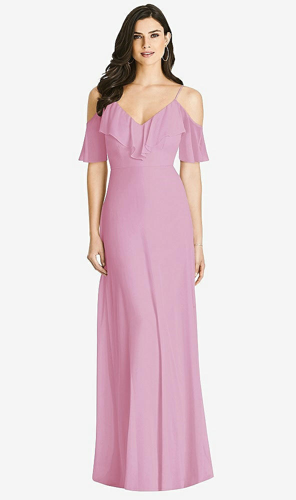 Front View - Powder Pink Ruffled Cold-Shoulder Chiffon Maxi Dress