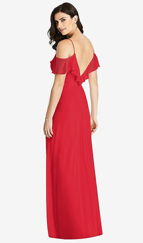 Back View - Parisian Red Ruffled Cold-Shoulder Chiffon Maxi Dress