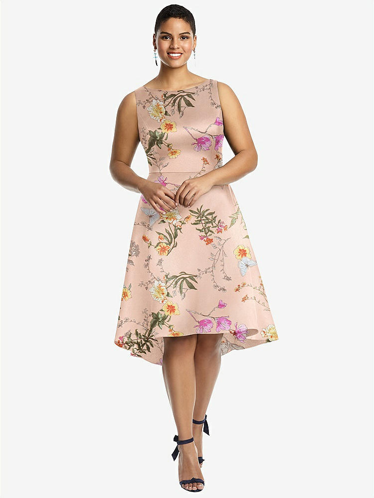 V-neck Pleated Skirt Floral Satin Cocktail Bridesmaid Dress With