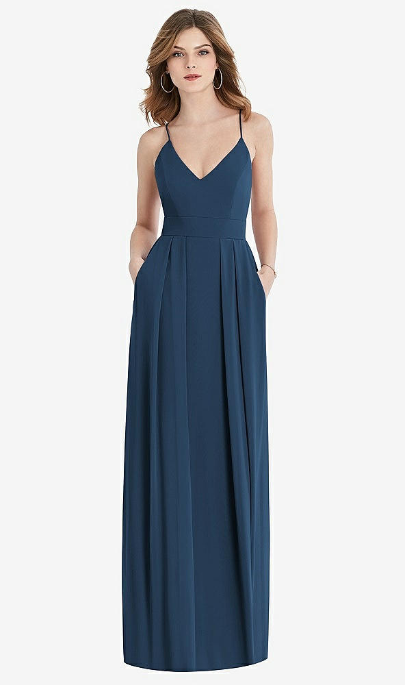 Front View - Sofia Blue Pleated Skirt Crepe Maxi Dress with Pockets