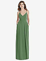 Front View Thumbnail - Vineyard Green Pleated Skirt Crepe Maxi Dress with Pockets