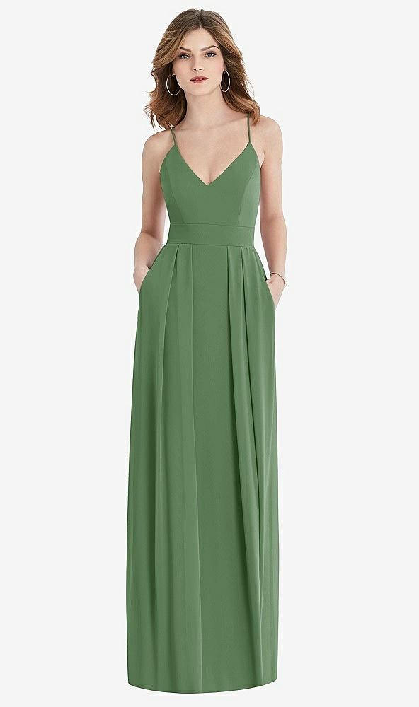 Front View - Vineyard Green Pleated Skirt Crepe Maxi Dress with Pockets