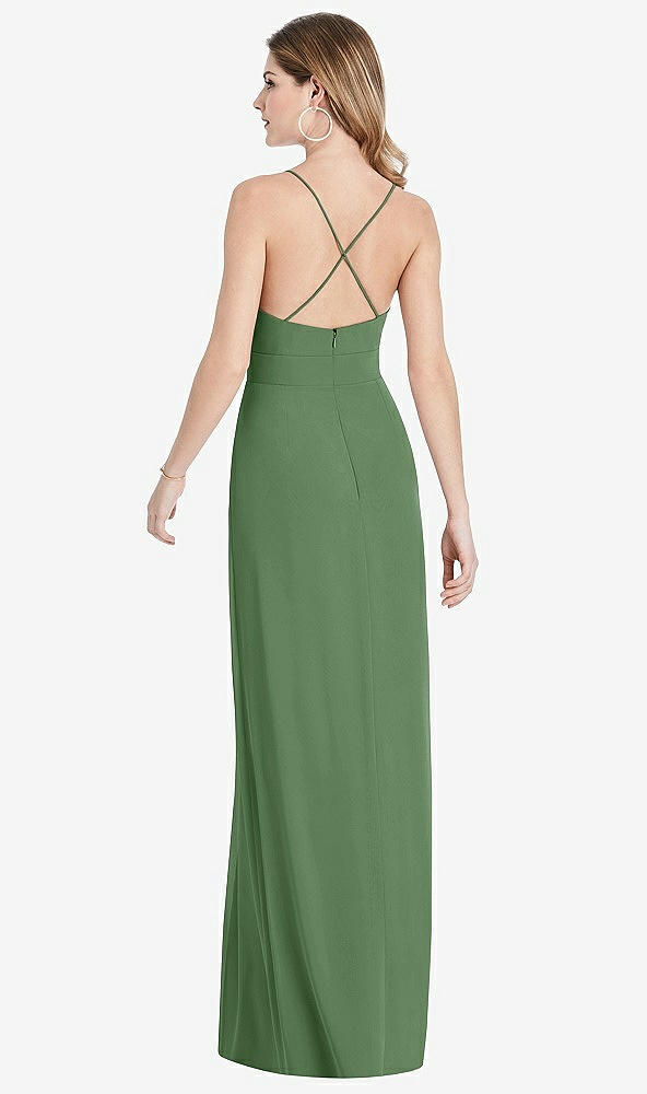 Back View - Vineyard Green Pleated Skirt Crepe Maxi Dress with Pockets
