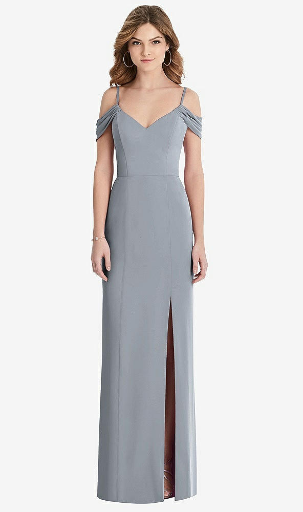 Front View - Platinum Off-the-Shoulder Chiffon Trumpet Gown with Front Slit