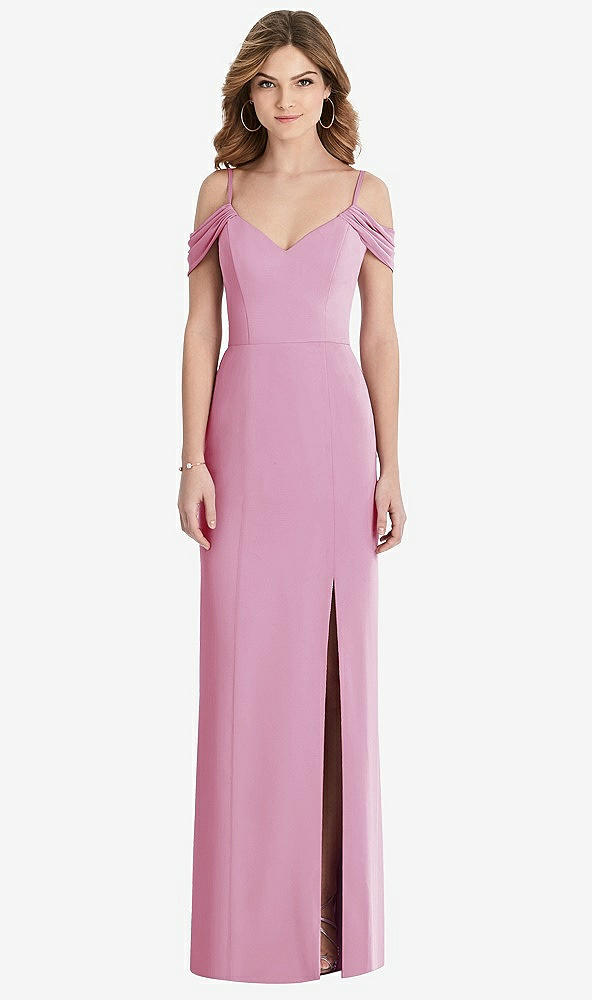 Front View - Powder Pink Off-the-Shoulder Chiffon Trumpet Gown with Front Slit
