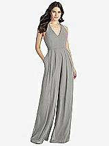 Front View Thumbnail - Chelsea Gray V-Neck Backless Pleated Front Jumpsuit
