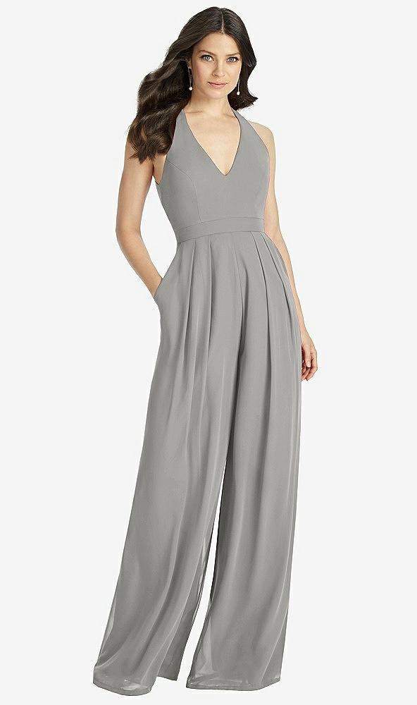 Front View - Chelsea Gray V-Neck Backless Pleated Front Jumpsuit